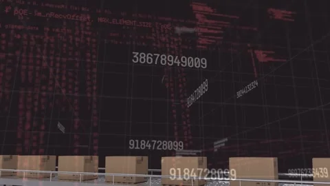 Animation of data processing over boxes on conveyor belt Stock Footage 329372057