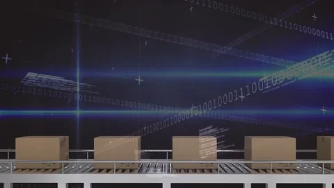 Animation of data processing over boxes on conveyor belt Stock Footage 329774648