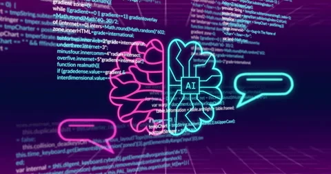 Animation of data processing over brain with ai chat Stockbeeldmateriaal 309169410