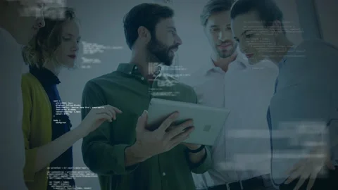 Animation of data processing over business people using tablet Vidéo 146560845