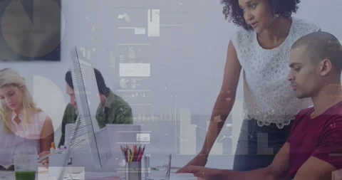 Animation of data processing over business people working in office Stock Footage 330475329