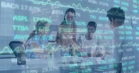 Animation of data processing over business people using phone headsets Stock Footage 331031838