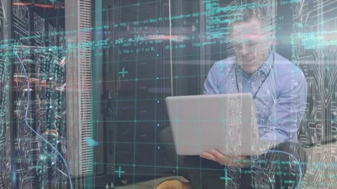 Animation of data processing over businessman using interactive screen Stock Footage 329923799