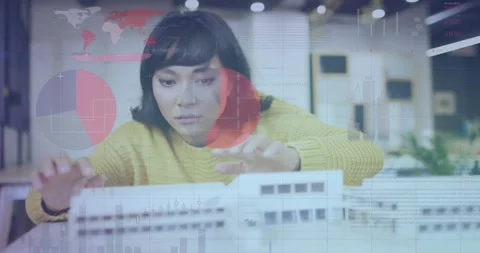 Animation of data processing over businesswoman working in architect's office Stock Footage 328811194