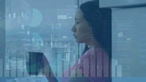 Animation of data processing over businesswoman drinking coffee and looking Stock Footage 330776555