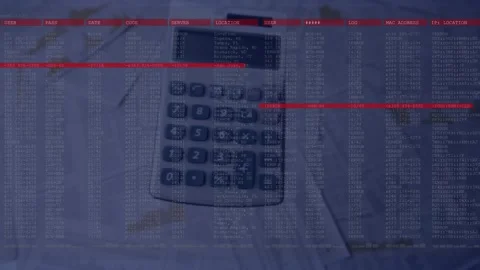 Animation of data processing over calculator falling on documents on a table Stock Footage 328594158