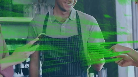 Animation of data processing over caucasian woman paying with credit card Stock Footage 172273601