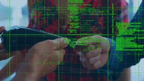 Animation of data processing over caucasian man paying with credit card Video stock 172273608