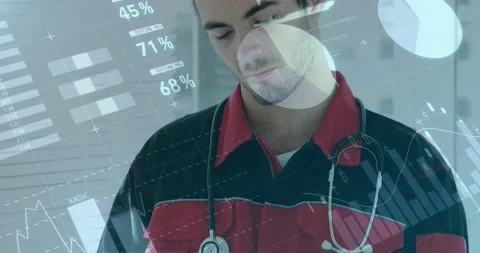 Animation of data processing over caucasian male paramedic smiling 스톡 동영상 200810327