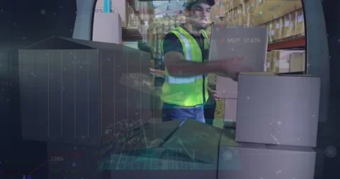 Animation of data processing over caucasian delivery man stacking boxes in the Stock Footage 202010020