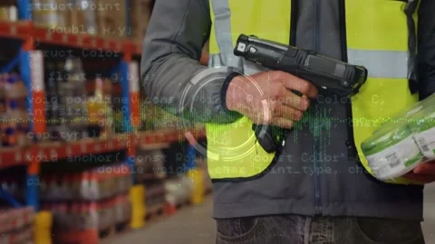 Animation of data processing over caucasian male worker scanning a package at Stock-Footage 203869040
