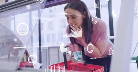 Animation of data processing over caucasian female customer shopping Stock Footage 229195866