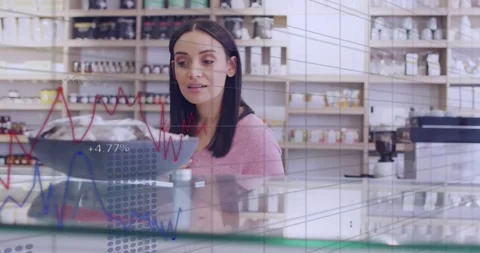 Animation of data processing over caucasian female customer shopping Stock Footage 229195980