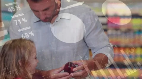 Animation of data processing over caucasian man showing a fruit to his daughter Stock Footage 229830200