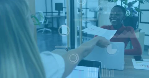 Animation of data processing over caucasian woman passing a document to african Video stock 235392456