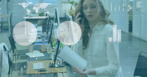 Animation of data processing over caucasian woman holding a document talking on Video stock 251779162