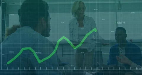 Animation of data processing over caucasian woman giving documents to colleagues Stock Footage 254227696