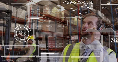 Animation of data processing over caucasian male worker in warehouse 스톡 동영상 267084042