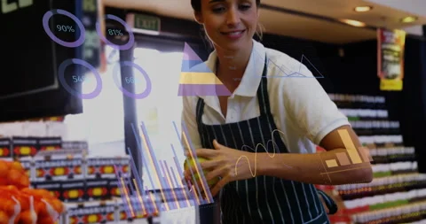 Animation of data processing over caucasian female shop assistant working in Vídeos de archivo 267823874