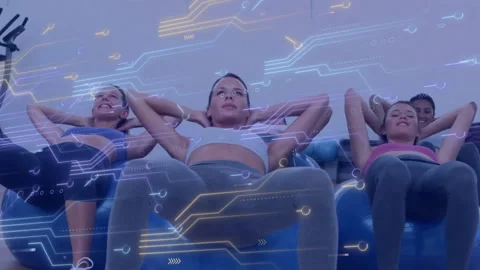 Animation of data processing over caucasian women exercising Stock Footage 308993750