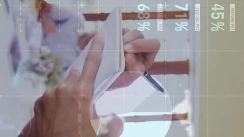 Animation of data processing over caucasian waitress writing order on the Stockbeeldmateriaal 313170180