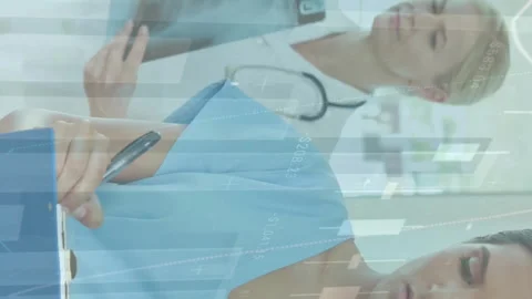 Animation of data processing over caucasian female doctors checking xray Stock Footage 315431964