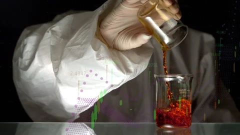 Animation of data processing over caucasian female scientist holding beaker 動画素材 316217808