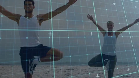Animation of data processing over caucasian couple exercising on beach Stock Footage 316581487
