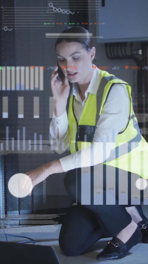 Animation of data processing over caucasian female it engineer by computer Stock Footage 323420379