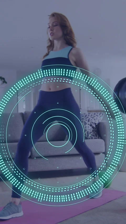 Animation of data processing over caucasian woman exercising, recording fitness Stock Footage 323899467