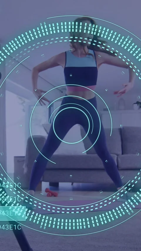 Animation of data processing over caucasian woman exercising, recording fitness Stock Footage 323899468