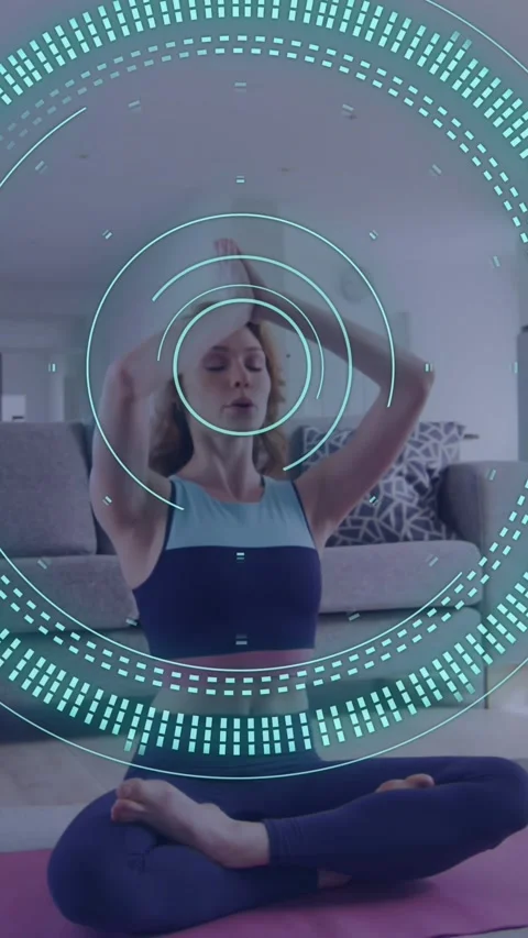 Animation of data processing over caucasian woman exercising, recording fitness Stock Footage 323899469
