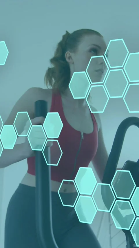 Animation of data processing over caucasian woman exercising, using stationary Stock Footage 323899473