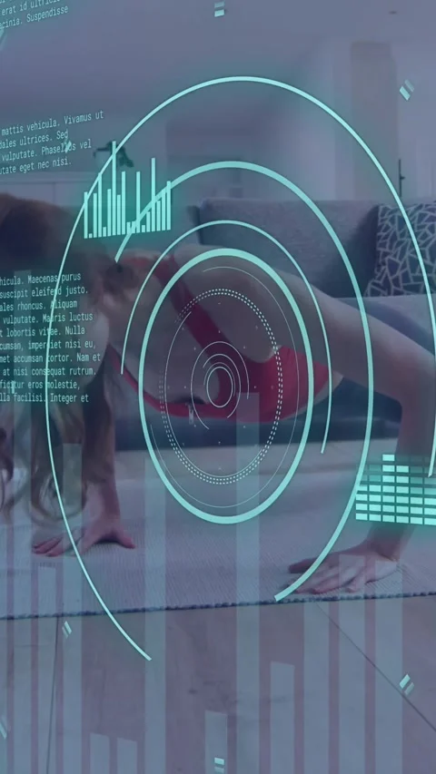 Animation of data processing over caucasian woman exercising, using laptop Stock Footage 323899475
