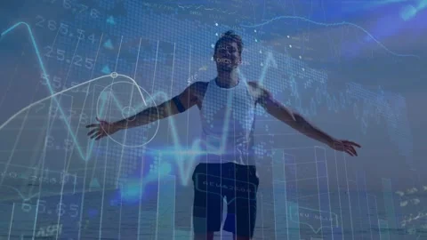 Animation of data processing over caucasian man exercising at beach Stock Footage 325771005