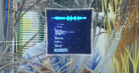 Animation of data processing over caucasian male it engineer fixing cables of Stock Footage 325961149