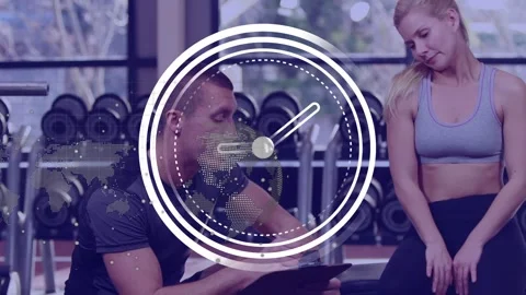 Animation of data processing over caucasian couple exercising at gym Stock Footage 325965395