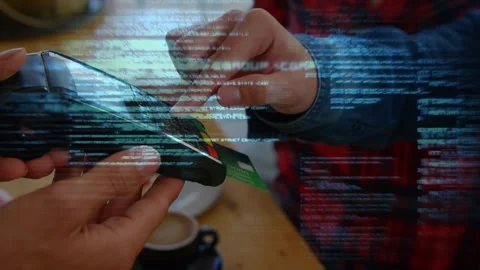 Animation of data processing over caucasian man paying and binary coding Stock Footage 326187829