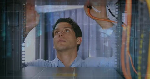 Animation of data processing over caucasian man checking wires in servers Stock Footage 326187883