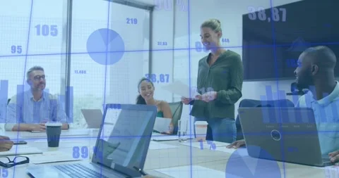 Animation of data processing over caucasian woman reading a document to her Stock Footage 326190759