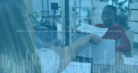 Animation of data processing over caucasian woman passing a document to another 库存影片 326298390