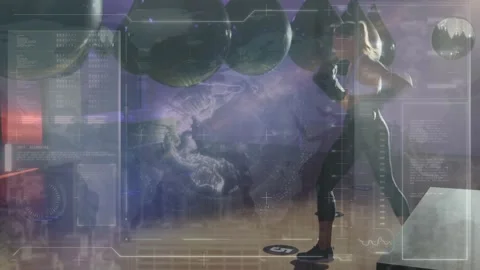 Animation of data processing over caucasian female boxer punching at gym Stock Footage 326756230
