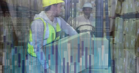 Animation of data processing over caucasian male worker stacking a box on Stock Footage 327002716