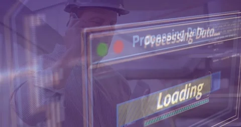 Animation of data processing over caucasian male architect with plan talking on Stock Footage 327004130