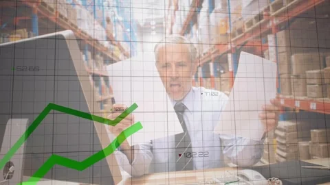 Animation of data processing over caucasian male supervisor reading documents at Stock Footage 327007045