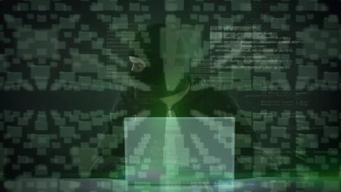 Animation of data processing over caucasian male computer hacker in balaclava Stock Footage 327061006