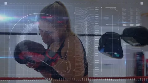 Animation of data processing over caucasian female boxer at gym Stock Footage 327276661