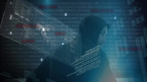 Animation of data processing over caucasian male computer hacker using laptop Stock Footage 327359633