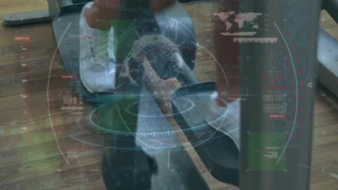 Animation of data processing over caucasian sportswoman exercising Stock Footage 327584133