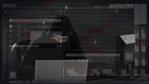 Animation of data processing over caucasian male computer hacker in balaclava Stock Footage 327642175